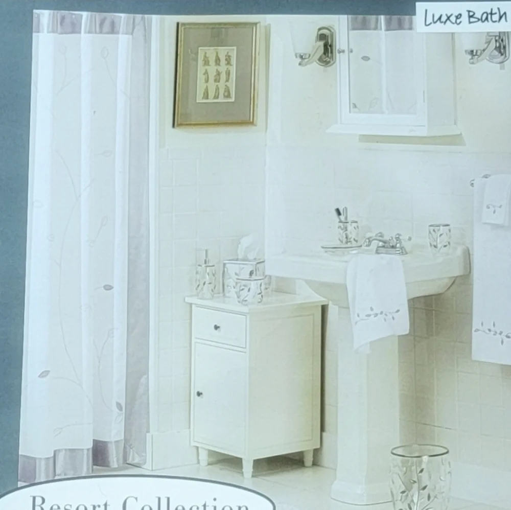 Metro Luxe Bath White & Silver Fabric‎ Shower Curtain NEW!